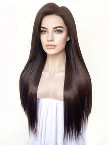 13x4 24 Inch Brown Straight Lace Front Wig, Suitable For Women - Heat Resistant Synthetic Hair, Pre-Plucked Natural Hairline And Baby Hair, Great For Everyday Wear, Weddings, Halloween And Christmas - 棕色 - 查看 5