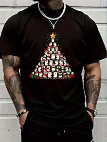 100% Cotton Christmas Tree Penguin Penguins T-Shirt Women's Men's Black Vacation Crew Neck Short Sleeve Classic Fit Unisex Holiday T-Shirt - 黑色 - 查看 1