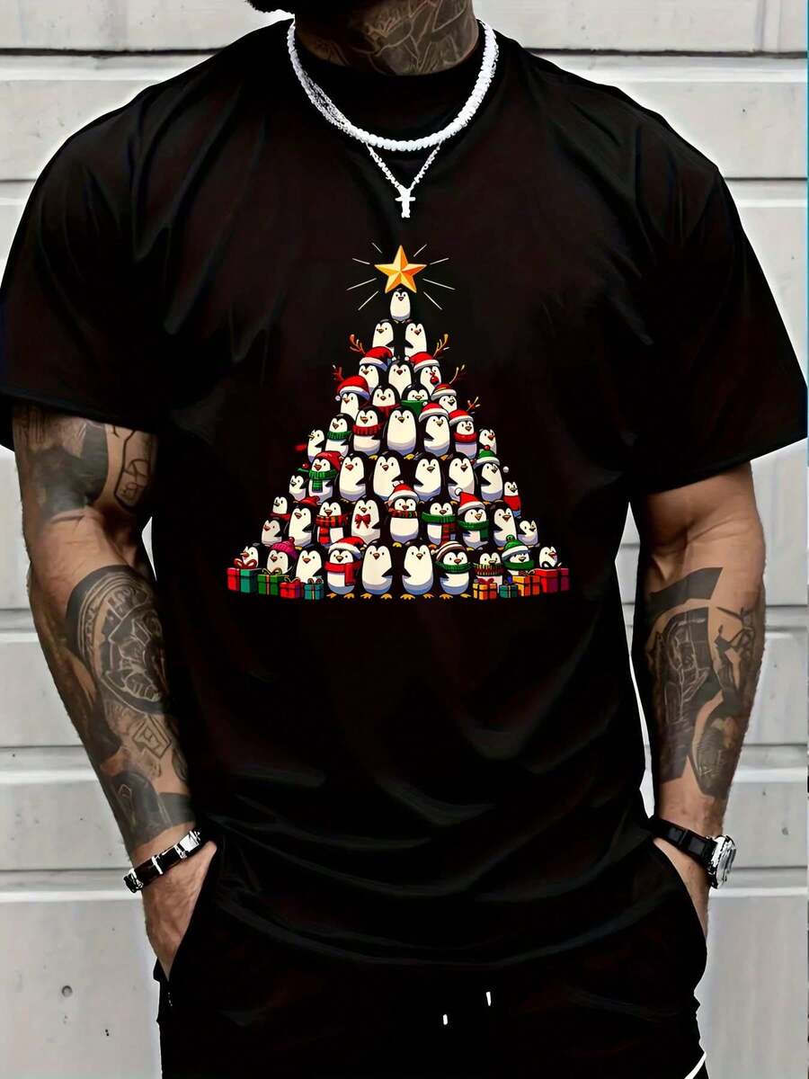 100% Cotton Christmas Tree Penguin Penguins T-Shirt Women's Men's Black Vacation Crew Neck Short Sleeve Classic Fit Unisex Holiday T-Shirt - 黑色 - 查看 1