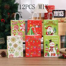 6/12/18/24pcs Christmas Theme Party Paper Gift Bags, Santa Claus & Snowman Pattern Gift Bags, Suitable For Christmas Decoration Bags, Birthday Party Gifts, Anniversary Celebration Tote Bags