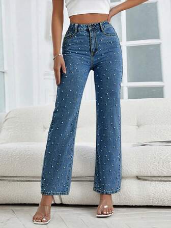Elegant Pearl Jeans Straight Leg Jeans For Women |High Waist Denim Pants Chic Fall And Winter Denim Jeans