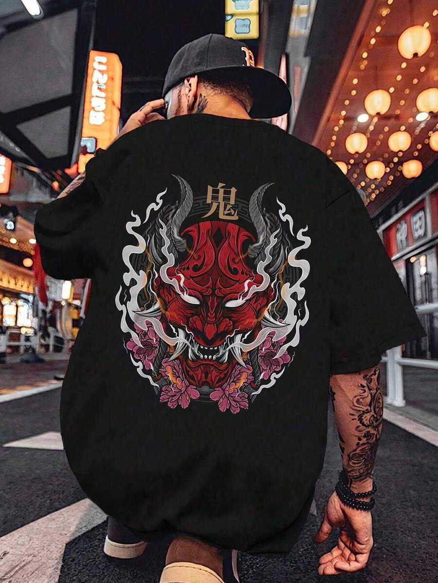 1 camiseta gráfica con estampado digital para mujer Máscara, demonio, cuernos, flores. Camiseta casual de cuello redondo y manga corta. Camiseta de algodón ligera para las cuatro estaciones, lavable a máquina, no lavar en seco. - Negro - Ver 1