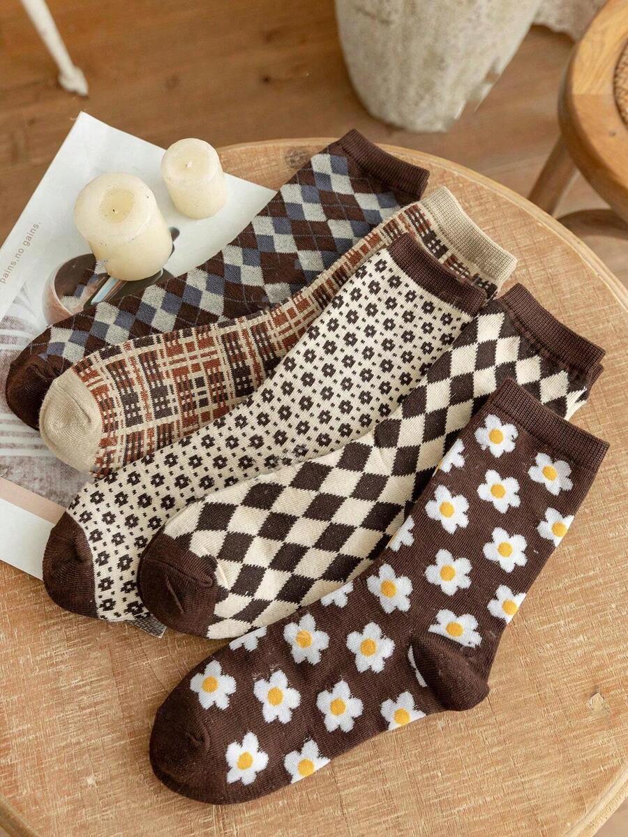 5双装复古美式女款春秋四季可穿中筒袜 - 彩色 - 查看 1