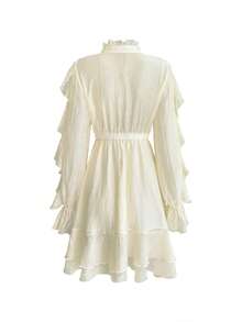 Váy midi cổ chữ V thanh lịch kiểu Pháp dành cho nữ kèm nơ màu trơn, viền bèo nhún, tay dài, eo ôm, chân váy chữ A, váy dạ hội, váy xòe bồng bềnh, ruy băng thời trang, gợi cảm, dáng rộng, mùa xuân hè thu - Màu be - Xem 10