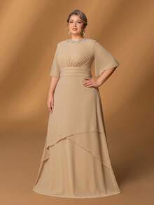 Faeriesty Mosy Plus Mother Of The Bride Dress Featuring Round Neck With Rhinestone Details, Flattering Ruffled Half Sleeves And Gorgeous A-Line Skirt – Perfect For Upscale Evening Galas, Luxurious Family Reunions, Sacred Church Ceremonies, Prestigious Social Events