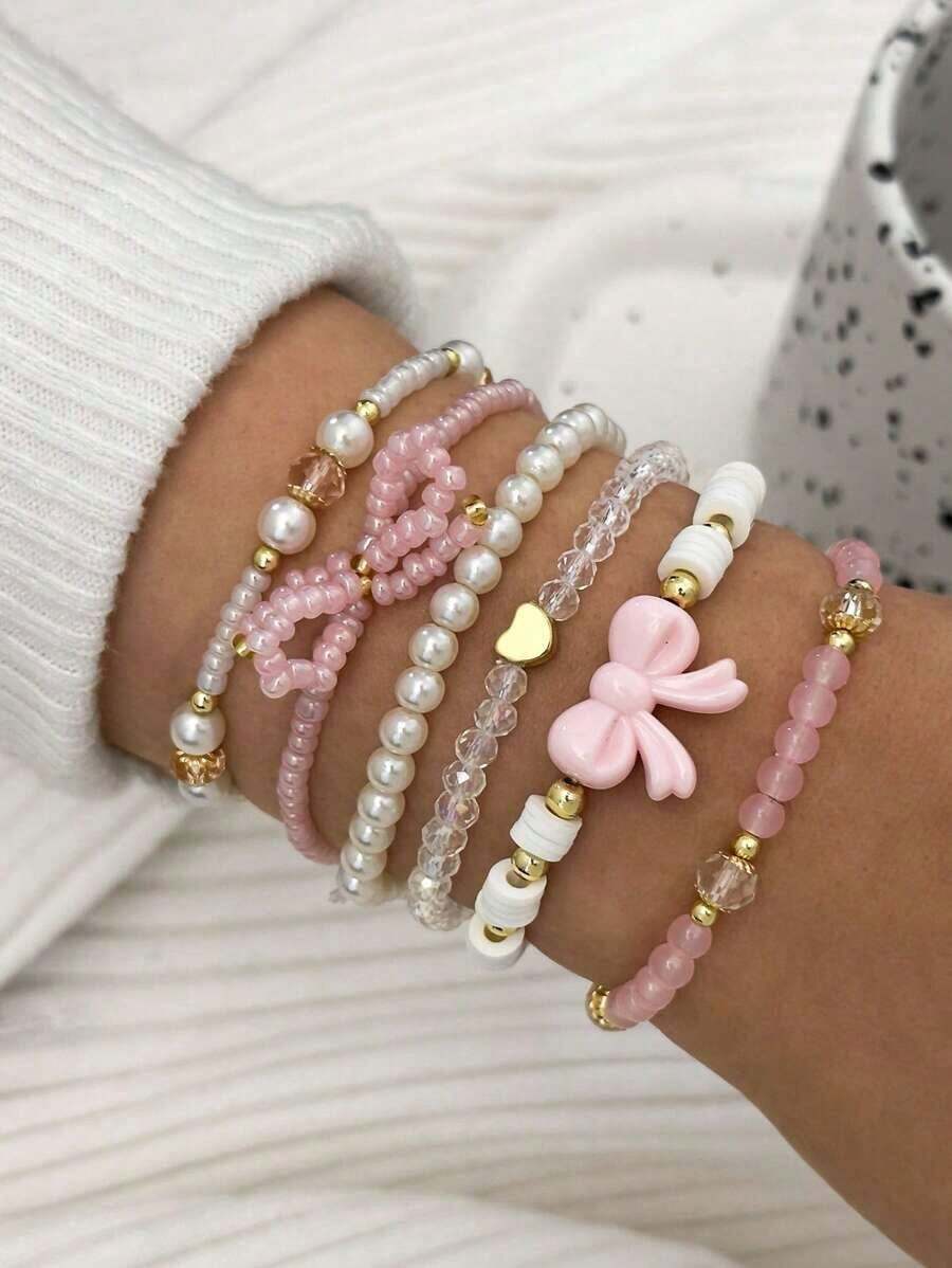 6pcs/Set Fashionable Heart & Bow Beaded Bracelet Set Women,Pearl Bow Set Women's Bracelet Sweet Bohemian Beaded Style - 粉色 - 查看 1