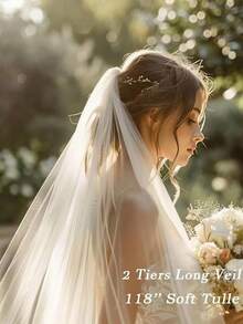1 件优雅柔软长款薄纱婚纱，单层，剪裁整齐，简约新娘面纱，婚礼配饰，婚纱>新娘配饰，婚礼发饰，白色头纱，婚礼发饰，教堂式婚礼头纱，婚礼用品 - 彩色 - 查看 5