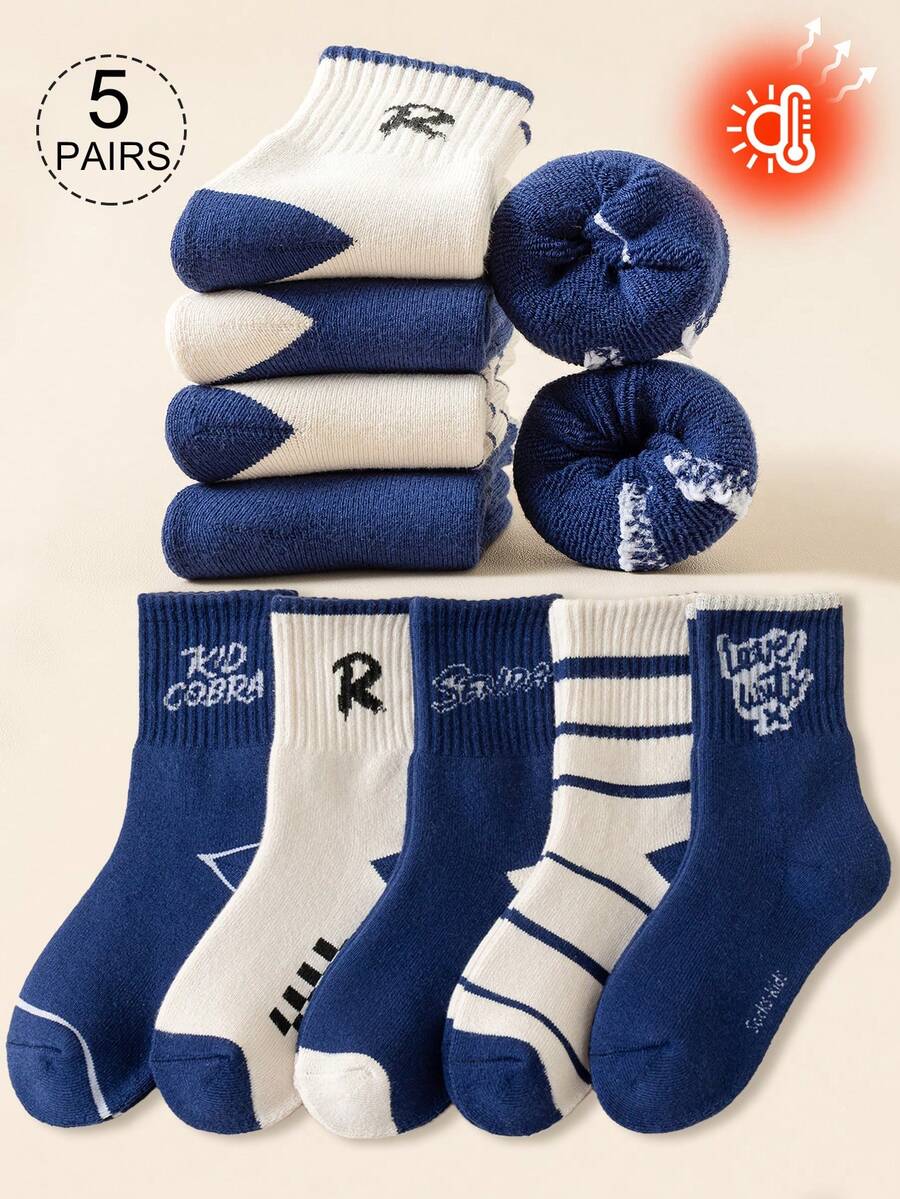 5 Pairs Kids/Toddler Boys' Crew Socks, White, Blue, Colorblock, Striped, Cartoon Letter, Ribbed, Warm, Suitable For Daily Wear, Gifts, Cute, Fashionable, Simple, Suitable For Students, Warm - Multicolor - View 1