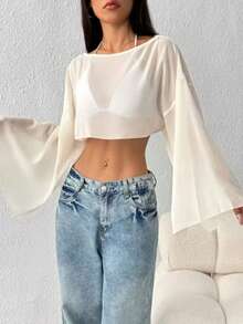 Cropped Cape Flare Sleeve Tulle Simple Asymmetric Beach Top - White - View 2