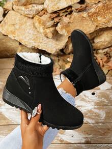 New Fashion Plus Size Warm Suede Leather Lining Snow Boots, Wedge Heel, Comfortable Anti-Slip Ankle Boots For Autumn/Winter, Fur Boots - Black - View 2