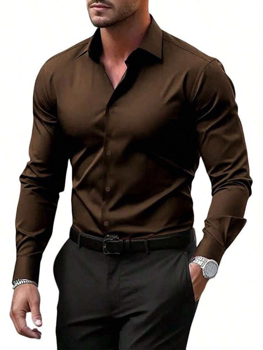 Men's Wrinkle Dress Shirts Formal Long Sleeve Button Down Wedding Business, Style - Brown - View 1