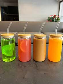 4/6pcs, 500ml/16.8oz Glass Cups, Transparent Glass Coffee Cups, Iced Coffee Cups, With Lids, Straws, Straw Brushes, Reusable, Suitable For Coffee, Milk Tea, Juice, Suitable For Various Scenarios Such As Restaurants, Bars, Commercial Use, Etc - 4個杯子+4個蓋子+4個吸管+4個吸管刷 - 查看 5