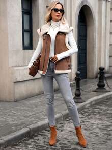 Women's Solid Color Suede Vest With Pockets And Lapel Collar, Autumn/Winter - Coffee Brown - View 5