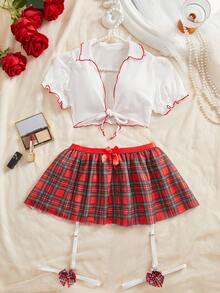 SOFUSEN 3 Pcs Women's Alluring Sleepwear Set,Sheer Mesh Short Nightdress With Plaid Mini Skirt And Garter Belt For Boudoir Loungewear And Cosplay Roleplay,  And Valentine's Day Gifts - 紅色 - 查看 3