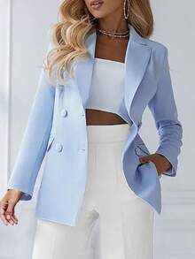 Veste longue manches femme, couleur unie, style minimaliste, décontractée, pour le printemps - Bleu azur - Voir 1