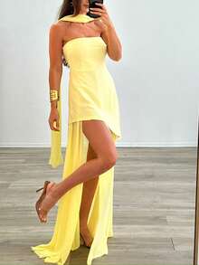 Women Y2K Strapless Bridesmaid Dresses With Scarf, High Split Off Shoulder Sleeveless Pleated Long Dress Formal Evening Party Gown - 黃色 - 查看 1