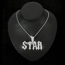 1pc Alloy Rhinestone Letter Star Pendant Necklace With Cuban Chain, Unique Unisex Jewelry For Everyday Wear