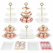 Pack Of 10 Cake Stand Set With 3 X TwoTier And 3 X ThreeTier Cupcake Stands 4 X Appetizer Trays For Birthday Baby Bridal Shower Party Gold - 金色 - 查看 2