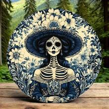 La Catrina 2D Flat Round Aluminum Wall Art - Elegant Dress Floral Skeleton, Day Of The Dead Theme, Home Office Decor - 彩色 - 查看 3