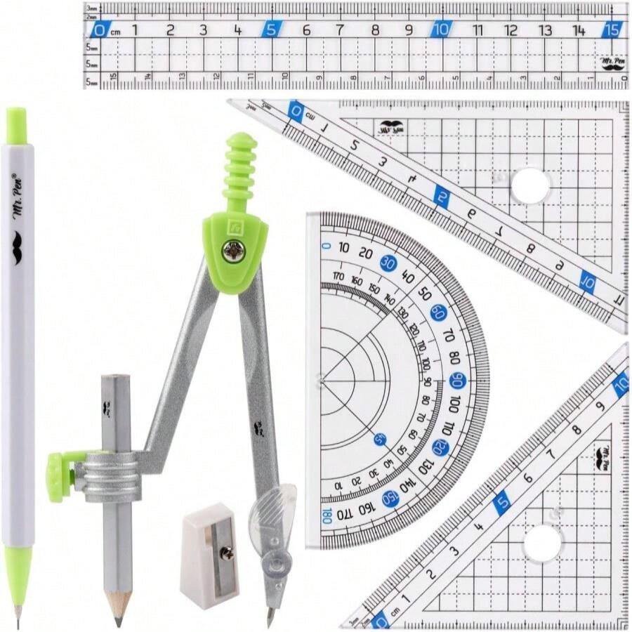 Mr Pen- Geometry Set, 7 Pcs, Compass For Geometry Compass Math, Geometry Kit With Storage Box, Math Compass, Geometry Set For School, Protractor And Compass Set, Drawing Tools, Ruler Set - White - View 1