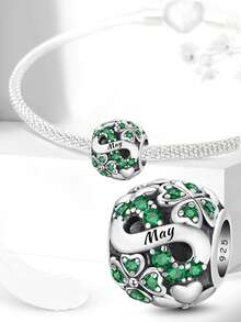 1颗925纯银四叶草诞生石珠，适合DIY手链和女士首饰 - 銀色 - 查看 4