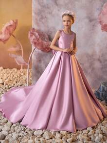 少女薰衣草串珠蝴蝶结拖尾连衣裙，优雅派对礼服，公主裙，适合女孩的生日派对、宴会、晚会、舞会、伴娘、花童婚礼、节日庆典