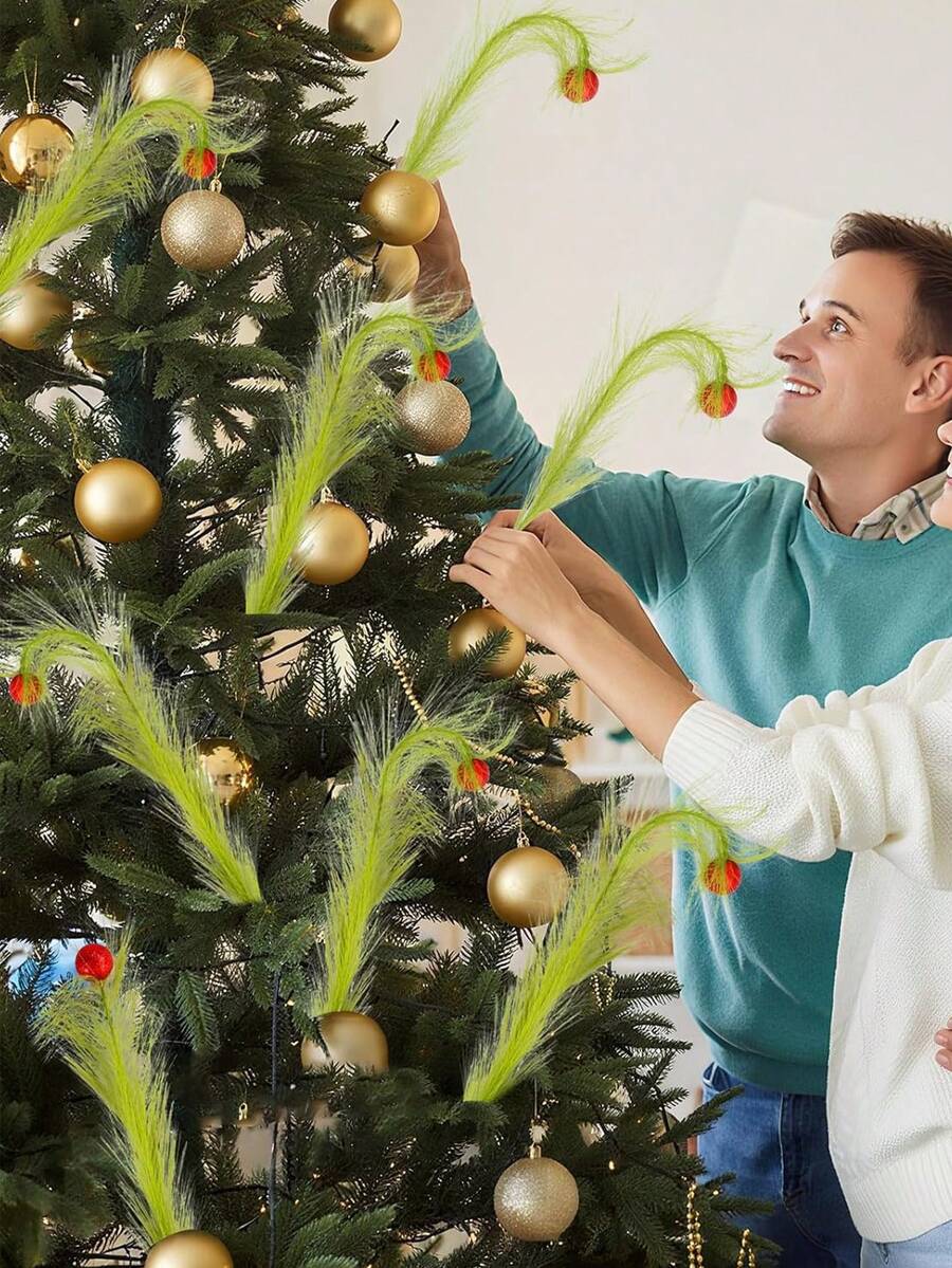 8 Stücke Weihnachtsbaum Dekorationen, thematische Heimdekoration, grüne Zweige, rote Kugeln, Pampasgras Elfen Picks, Weihnachtsdekorationen, Heimdekoration, Tischaufsatz, Vase Füllungen, Weihnachtsbaum Deko, DIY Kranz Zubehör