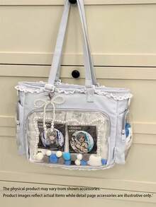 这款日系可爱风单肩包专为女性设计，饰有珍珠蝴蝶结和蕾丝花边，尽显优雅气质。透明材质，适合动漫角色扮演。大容量手提包，配有可拆卸可调节肩带，轻便易携，是学生的理想之选。可爱时尚的手提包、钱包、痛包，可用于购物、聚会、展示动漫周边、旅行、上学等各种场合。 - 藍色 - 查看 13