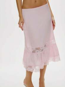 Women's Y2k Flower Embroidery Lace Slip Midi Skirt Fashionable Casual Solid Color Elastic Waist Low Rise A Line Maxi Skirt Ruffle Hem Flowy Long Skirt Pajamas Skirts Loungewear - 粉色 - 查看 3