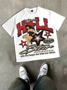 1PCS Summer Tops, Y2K Swag Tee, Retro Pin-Up H0ll Of A Tee - Double-Sided Graphic Streetwear American Vintage Street Style Lovers, Spring/Summer/Fall Men Clothes, Regular Fit Shirt, & Halloween & Thanksgiving Day & Valentine's Day & & Father's Day & Easter & Mother's Day & New Year & Spring Festival, Men's Round Neck Printed Short Sleeve Casual Everyday-Shirt, They Are Excellent Gifts Friends And Family,% Cotton-Shirts Feature, A Youthful And Fashionable Design, Graphic Tees Men, Graphic Tees Women, Cachorro Feliz, Back To School - 白色 - 查看 4