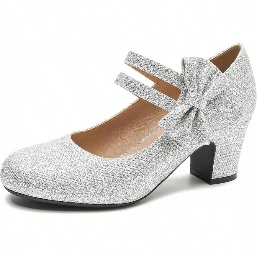 Enelauge Women's Mary Jane Heels With Bow Retro Closed Round Toe Pumps Sweet Ankle Strap Low Block Heels Chic Bowtie Vintage Dress Wedding Party Office Daily ShoesChristmas - 銀色閃光 - 查看 1