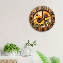 1PC 0x10in Country Sunflower Wooden Wall Clock - Silent Non-Ticking Quartz Movement, Vivid Yellow Sunflower And Green Leaf Design, Natural Wood Surface Treatment, Battery Operated (AA Batteries Not Included) - Perfect For Living Room, Bedroom, Kitchen Decoration - 棕色 - 查看 3