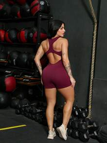 Seamless High Waist Ribbed Sports Gym Yoga Jumpsuit YI-60 - Burgundy - View 2