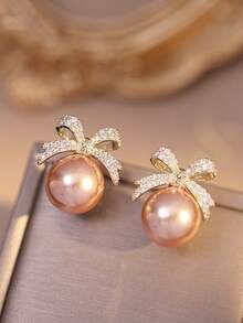1 Pair Cute Faux Pearl Bow Floral Wreath Design Stud Earrings, Suitable For Girls, An Ideal Gift Choice - one-size - View 6