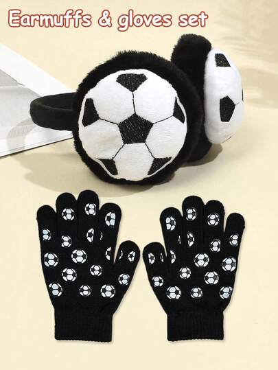 Winter Sports Themed Acrylic Earmuffs And Gloves Set,Fit Ear Warmers With Knitting Weave For Outdoor Activities, Unisex Cold Weather Gear