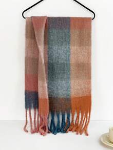 1件装女士蓬松长款冬季围巾，保暖颈部围脖，黑色超大加厚流苏披肩/毯子围巾，加厚针织流苏披肩，红色纯色围巾 - HM06-粉紅藍橙 - 查看 6