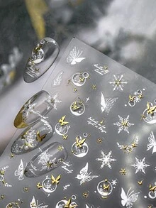 1PC Winter Butterfly Snowflake & Star Moon Nail Sticker, 5D Gold Foil Nail Decal, DIY Casual Daily Nail Art Decorations, Nail Supplies For Women & Girls, Self-Adhesive, Reusable, Perfect For Winter Holiday & Birthday Gifting