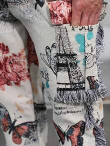 Men's Fashion Jeans Butterfly Floral Jacquard Fringe Hem Trousers Multi-Pocket Cargo Pants Slim Straight Pants Streetwear - 白色 - 查看 5