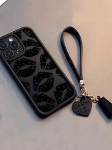 1pc Minimalist Fashion Full-Screen Lip Print High-End Textured Thick Anti-Drop Phone Case, Includes New Leather Heart-Shaped Wrist Strap DIY Phone Case Accessory, Tassel Pendant, Short Wristband Charm, Suitable For IPhone Series