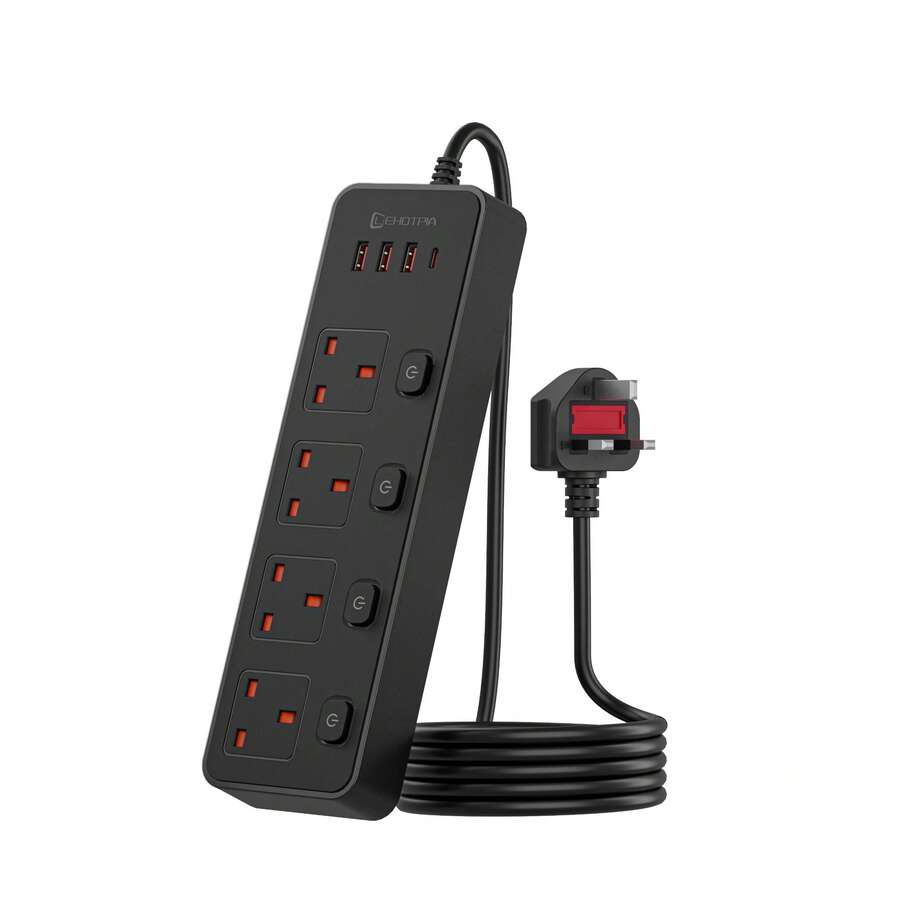 UK Standard 8-In-1 Power Strip Extension Cord, 4-Way UK 3-Pin Outlets With Independent Switches, USB Charging Ports, Multi-Outlet Power Strip, Suitable For Home, Office, Bedroom And Travel Use