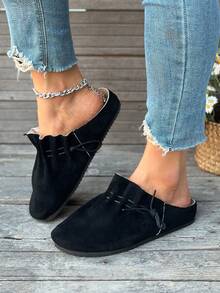 全新经典系带圆头舒适时尚休闲百搭软底平底鞋，平底鞋，秋季，穆勒鞋 - 黑色 - 查看 2