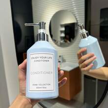 3pcs 500ml/16oz Light Blue Slanted Shoulder Large Capacity Refillable Bottles With Silver Pump Heads, Suitable For Shampoo, Body Wash, Conditioner, Bathroom Storage Set With Waterproof Labels