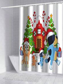 [Christmas Bluey Shower Curtain Window Curtain Set] 1/3/4pcs Christmas Solid Color Santa Hat Bluey Family And Friends Holiday Pattern Printed Shower Curtain Set, Modern Design, Suitable For All Seasons, Waterproof Polyester Hooks And Lining, Flannel Material, Soft Surface, Absorbent Anti-Slip Bathroom Mat, Bathroom Set Includes U-Shaped Mat, Toilet Mat, Anti-Slip Bathroom Mat And Bathroom Accessories, Home Decor, Holiday Decor, Christmas Gift, Daily Decor, Gift Giving
