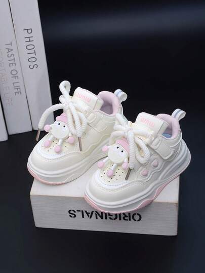 1 par de zapatos deportivos para niños de material de PU con personaje de dibujos animados en color rosa con cordones, zapatos de marcha versátiles y cómodos para niños pequeños, zapatos casuales y ligeros para correr de niñas, adecuados para uso diario