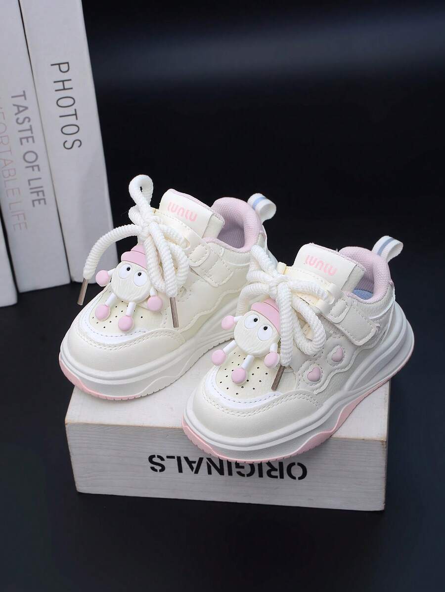 1 Pair Cartoon Character PU Material Pink Lace-Up Children's Sports Shoes, Fashion Versatile Comfortable Toddler Walking Shoes, Casual Lightweight Girls Running Shoes, Suitable For Daily Wear - Pink - View 1