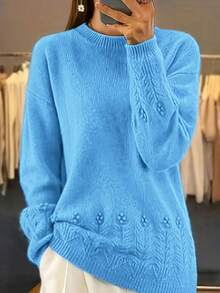 Plus Size Women Casual Loose Fit Crew Neck Drop Shoulder Long Sleeve Sweater, Elegant Dress For Women, Valentine Outfits - Blue - View 1