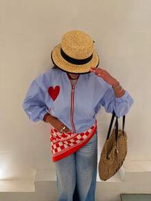 Women's Autumn New Blue Striped Heart Patch Contrast Color Jacket, Casual Commuting Vacation Style Jacket - Blue - View 2