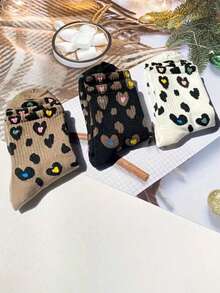 9 Pairs Women Leopard Print & Heart Pattern Mid-Calf Socks, Fashionable Minimalist Unique Retro Street Style Design, Suitable For Casual Outfits - Multicolor - View 11