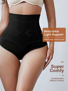 1Pc Women's Smooth Breathable High Waist Tummy Control Thong For Base Layering - Black - View 1