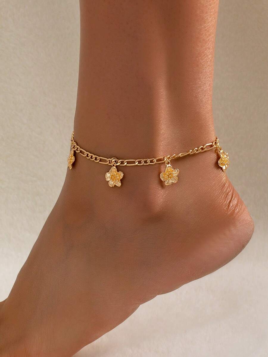 1pc Elegant Minimalist Design Metal Chain Tassel Flower Anklet, Versatile For Parties, Gatherings, Daily Wear, Banquets, Family Dinners, Thoughtful Gift For Girlfriend, Valentine's Day, Mom, Teacher - Yellow Gold - View 1